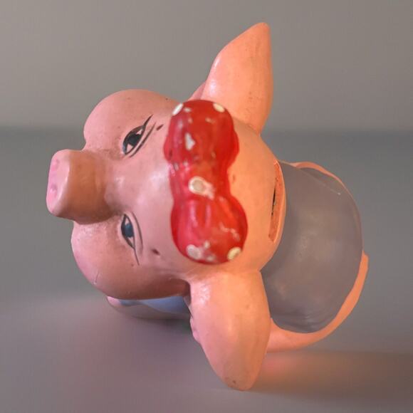 Vintage Piggy Bank Hand Painted Purple Shirt Cute Pig with Stopper Preowned - Picture 6 of 8